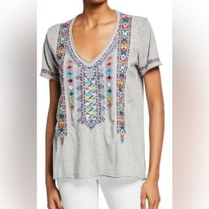 Johnny Was Grey Amaris Everyday Embroidered Boho V Neck Jersey Tee Shirt